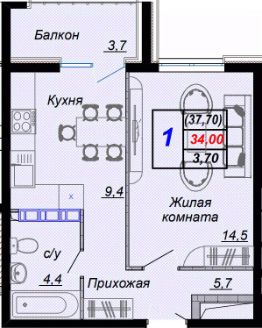 1-комн.кв., 38 м², этаж 10