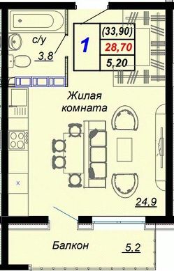 1-комн.кв., 34 м², этаж 12