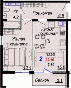 2-комн.кв., 42 м², этаж 14