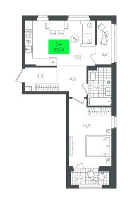 1-комн.кв., 53 м², этаж 4