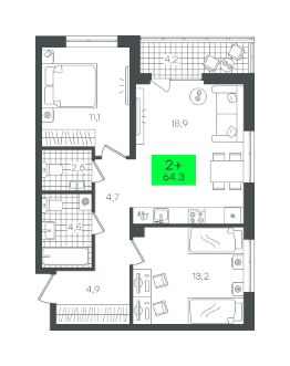 2-комн.кв., 64 м², этаж 2