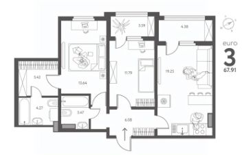 2-комн.кв., 68 м², этаж 3