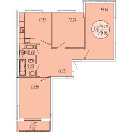 3-комн.кв., 80 м², этаж 4