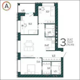 3-комн.кв., 76 м², этаж 4