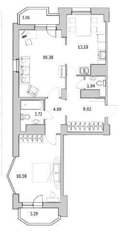 2-комн.кв., 78 м², этаж 15