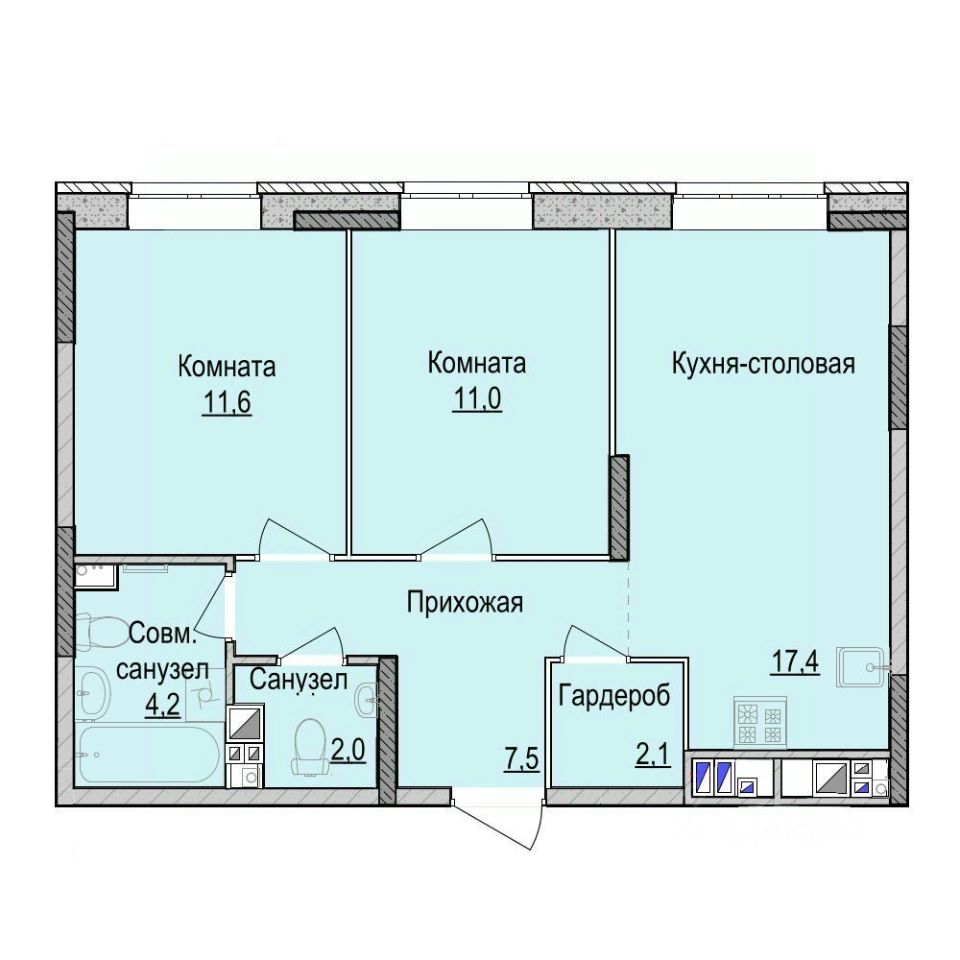 Продажа двухкомнатной квартиры 55,9м² 3, Ижевск, Удмуртская респ.,  Культбаза жилой район, 2-й микрорайон, Утро на Репина жилой комплекс - база  ЦИАН, объявление 299246833