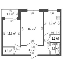 2-комн.кв., 54 м², этаж 3