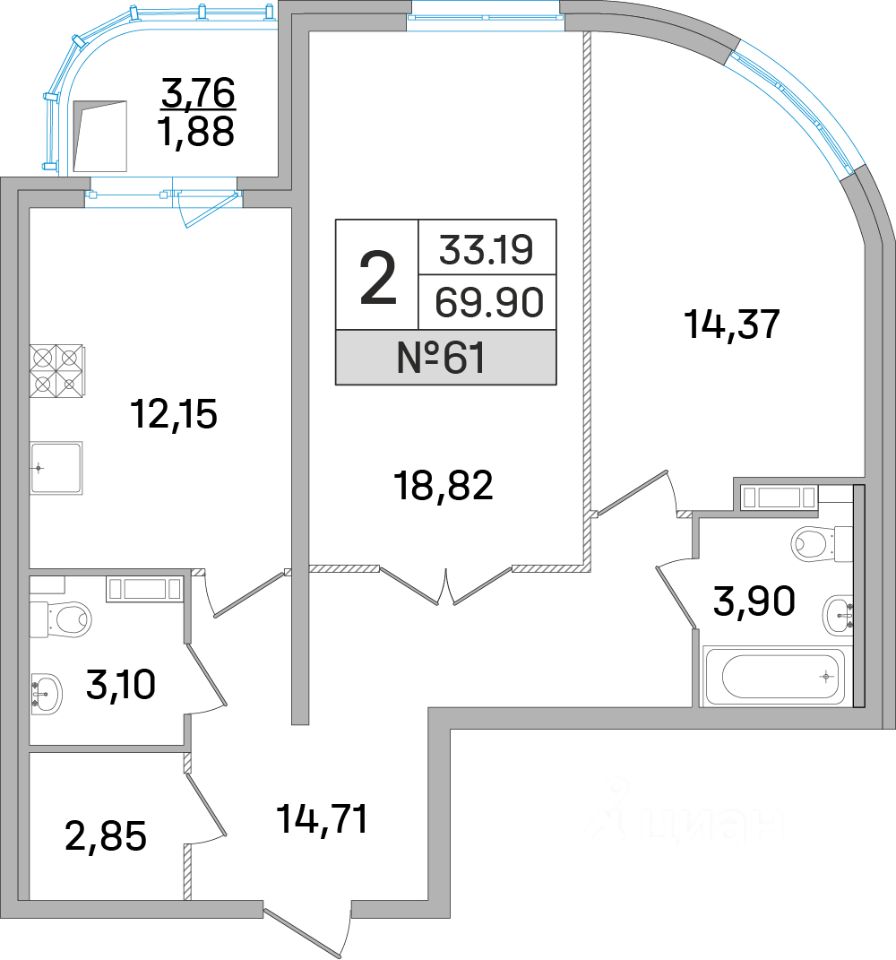 Продаю двухкомнатную квартиру 69,9м² ул. Калинина, 11, Королев, Московская  область, Королев городской округ, м. Медведково - база ЦИАН, объявление  299261339