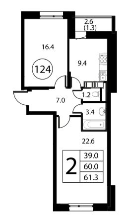 2-комн.кв., 61 м², этаж 8