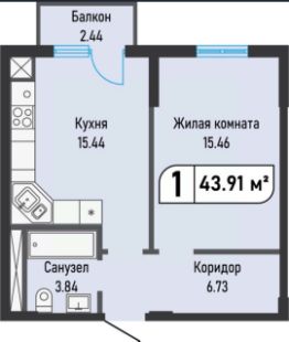 1-комн.кв., 44 м², этаж 6