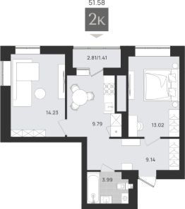 2-комн.кв., 52 м², этаж 1