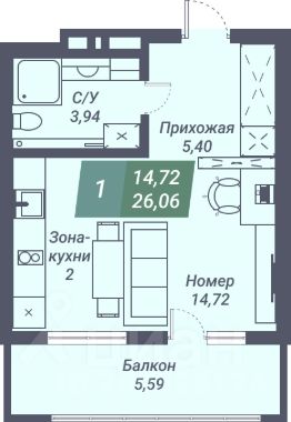 1-комн.апарт., 26 м², этаж 21