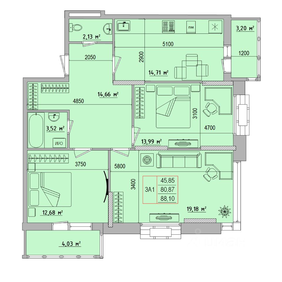 Продаю трехкомнатную квартиру 88,1м² Славянская ул., Белгород, Белгородская  область - база ЦИАН, объявление 294909755