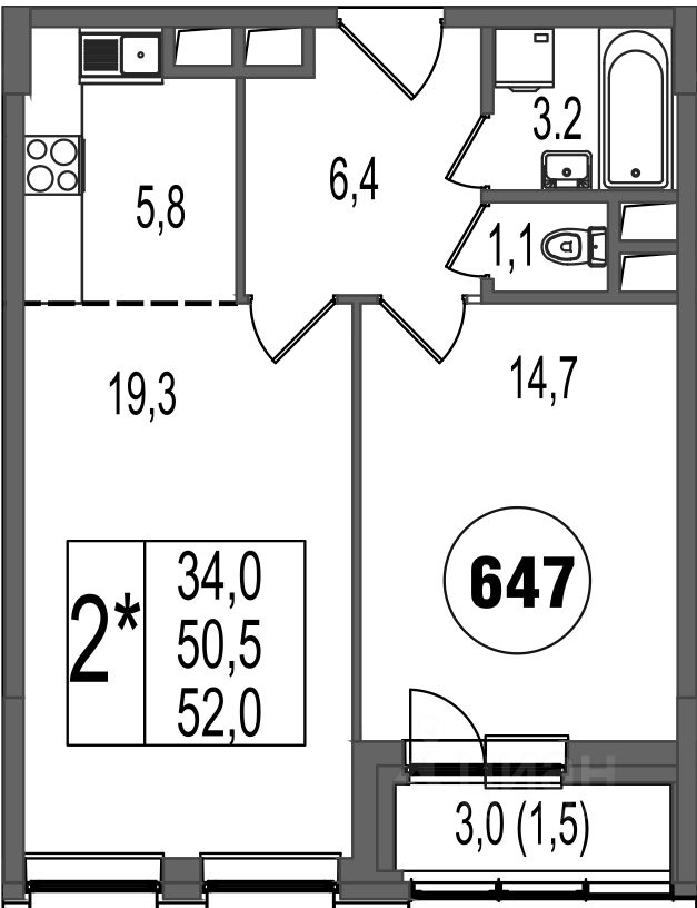 Планировка этой квартиры по данным Циан