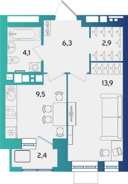 1-комн.кв., 38 м², этаж 2