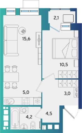 2-комн.кв., 44 м², этаж 12