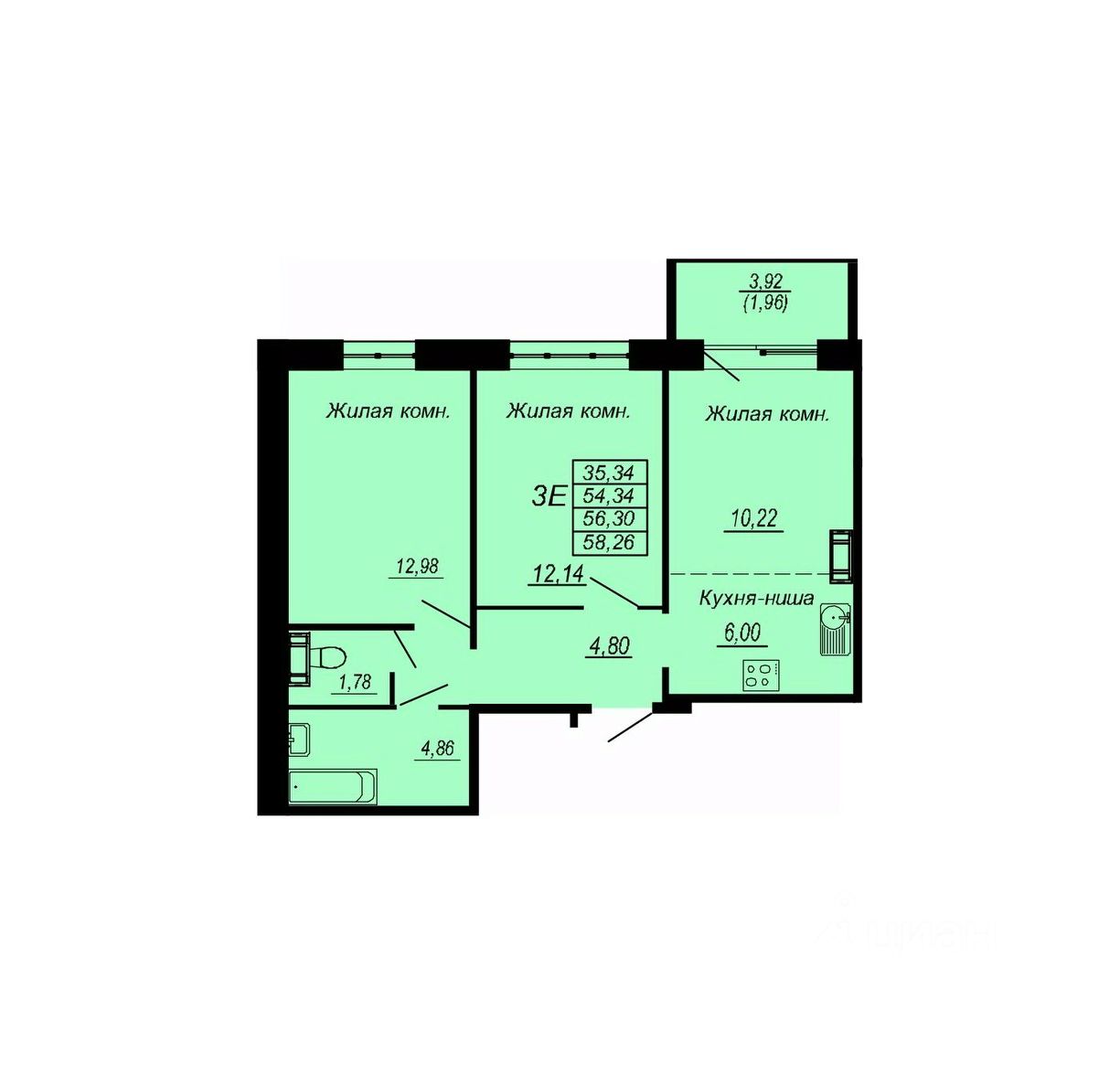 Купить трехкомнатную квартиру 56,3м² ул. Рокоссовского, Хабаровск,  Хабаровский край, Южный микрорайон - база ЦИАН, объявление 296233824