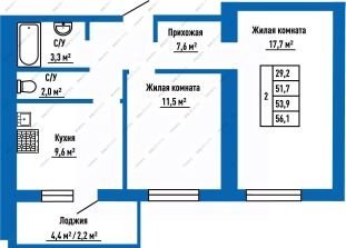 2-комн.кв., 54 м², этаж 15