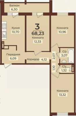 3-комн.кв., 68 м², этаж 2