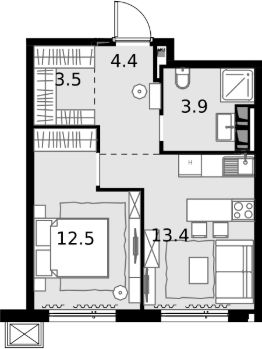 1-комн.кв., 38 м², этаж 26