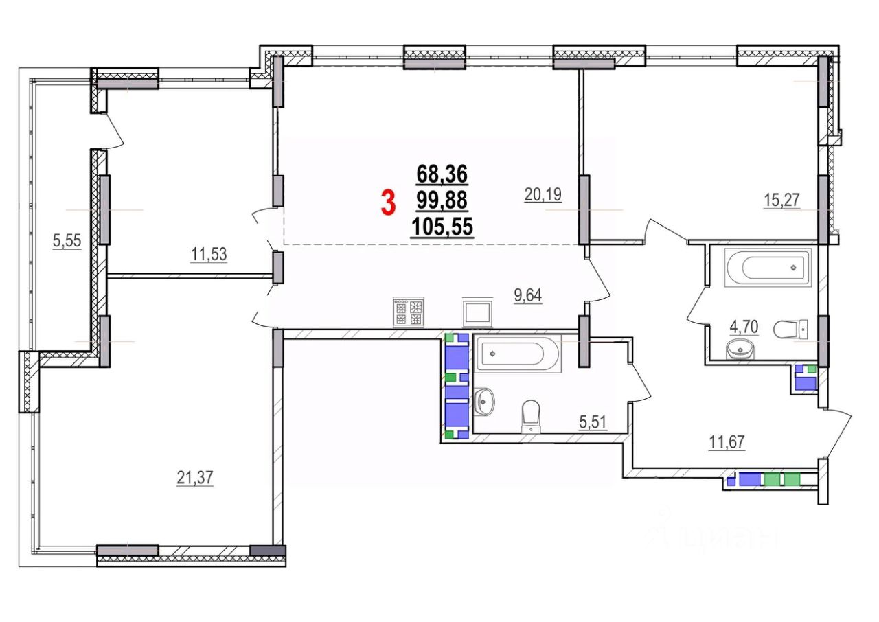 Продаю трехкомнатную квартиру 105,6м² просп. Богдана Хмельницкого, 62Ак4,  Белгород, Белгородская область - база ЦИАН, объявление 299542985