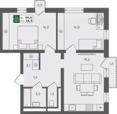 2-комн.кв., 67 м², этаж 3