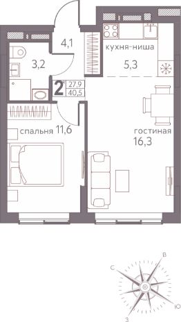 2-комн.кв., 41 м², этаж 7