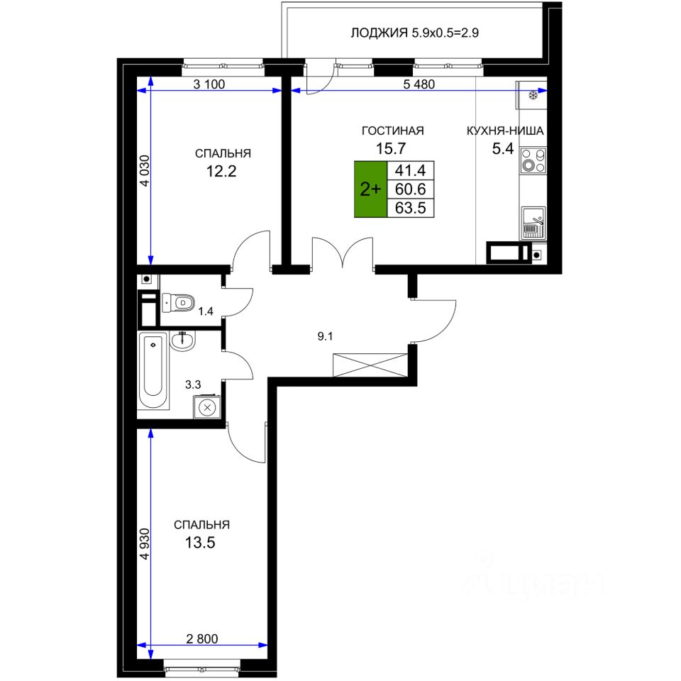 Продажа двухкомнатной квартиры 63,5м² ул. Имени Героя Ростовского, 8,  Краснодар, Краснодарский край - база ЦИАН, объявление 299558326