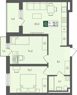 2-комн.кв., 68 м², этаж 2