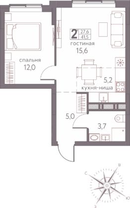 2-комн.кв., 42 м², этаж 3