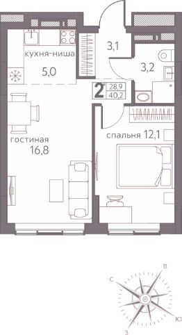 2-комн.кв., 40 м², этаж 10