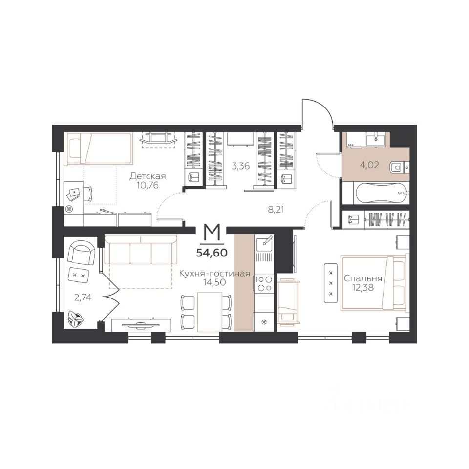 Купить двухкомнатную квартиру 54,6м² Тульская область, Тула муниципальное  образование, Пролетарская территория - база ЦИАН, объявление 299552271