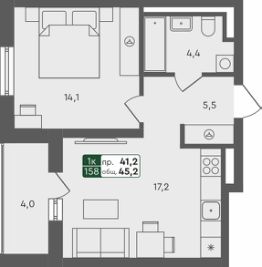 1-комн.кв., 45 м², этаж 2