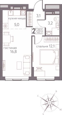 2-комн.кв., 40 м², этаж 7
