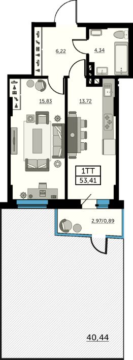 1-комн.кв., 53 м², этаж 2