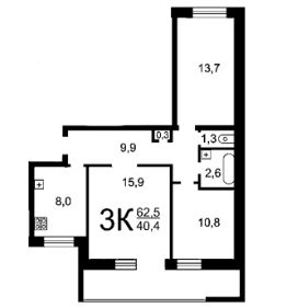 3-комн.кв., 60 м², этаж 4