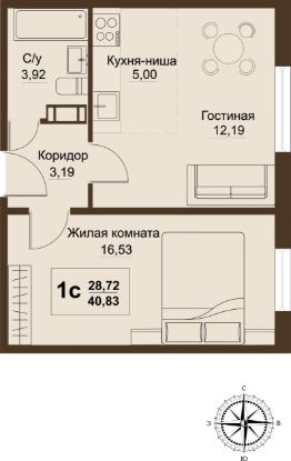 2-комн.кв., 41 м², этаж 1