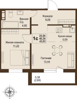 2-комн.кв., 40 м², этаж 2