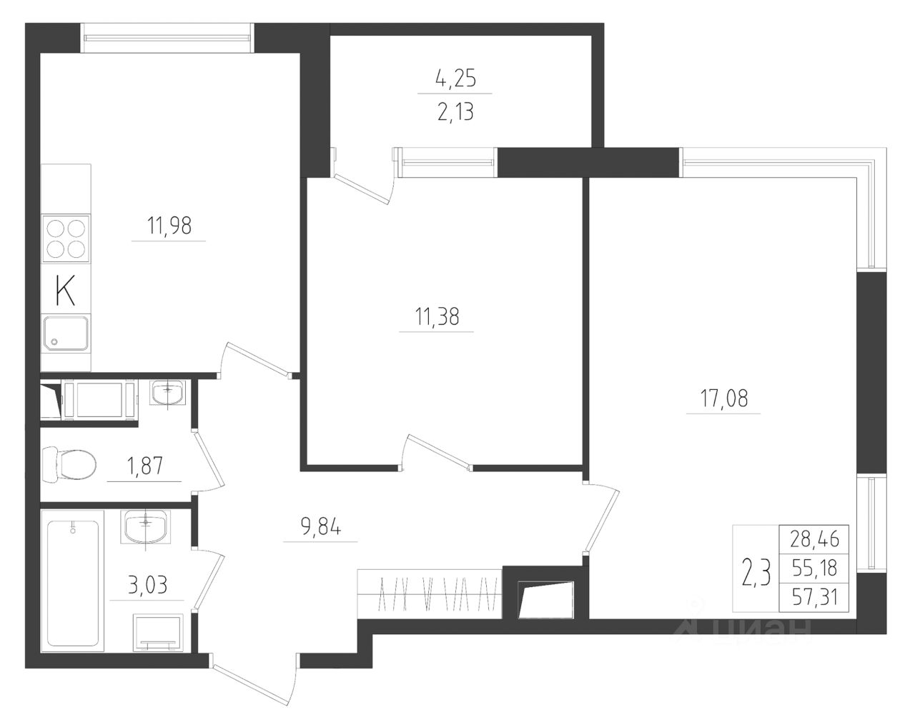 Продается2-комн.квартира,57,31м²