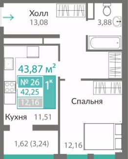 1-комн.кв., 42 м², этаж 4