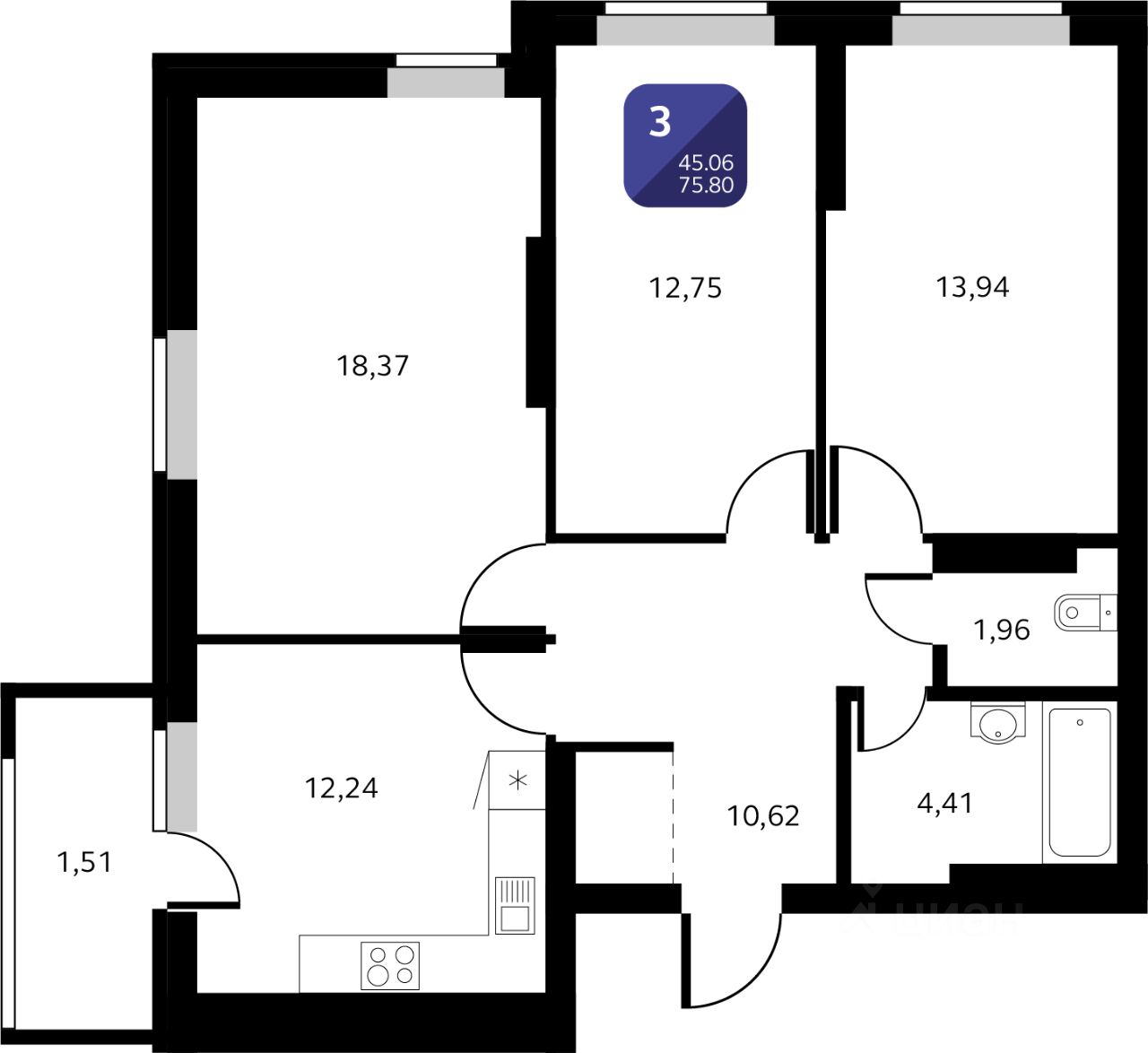 Купить трехкомнатную квартиру 75,8м² Кремлевская ул., 50/3, Уфа,  Башкортостан респ. - база ЦИАН, объявление 299601603