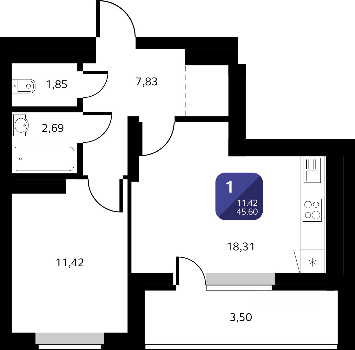 Продажа однокомнатной квартиры 45,6м² Кремлевская ул., 50/3, Уфа,  Башкортостан респ. - база ЦИАН, объявление 299601826