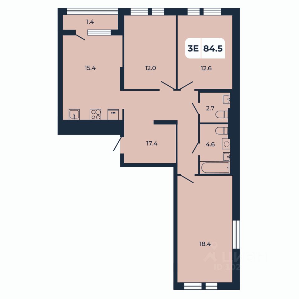 3-комн.кв., 84,5 м², 16/17 этаж