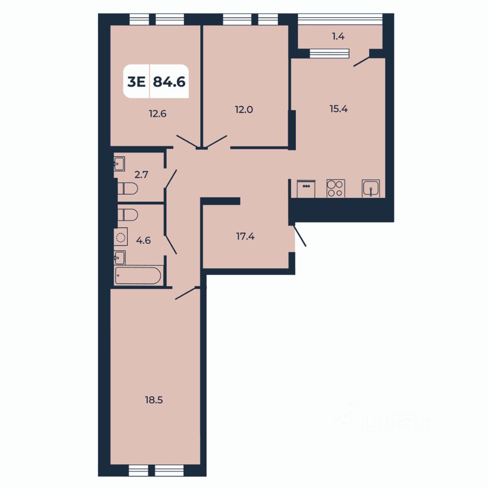 3-комн.кв., 84,6 м², 13/17 этаж