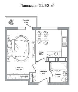 1-комн.кв., 32 м², этаж 12