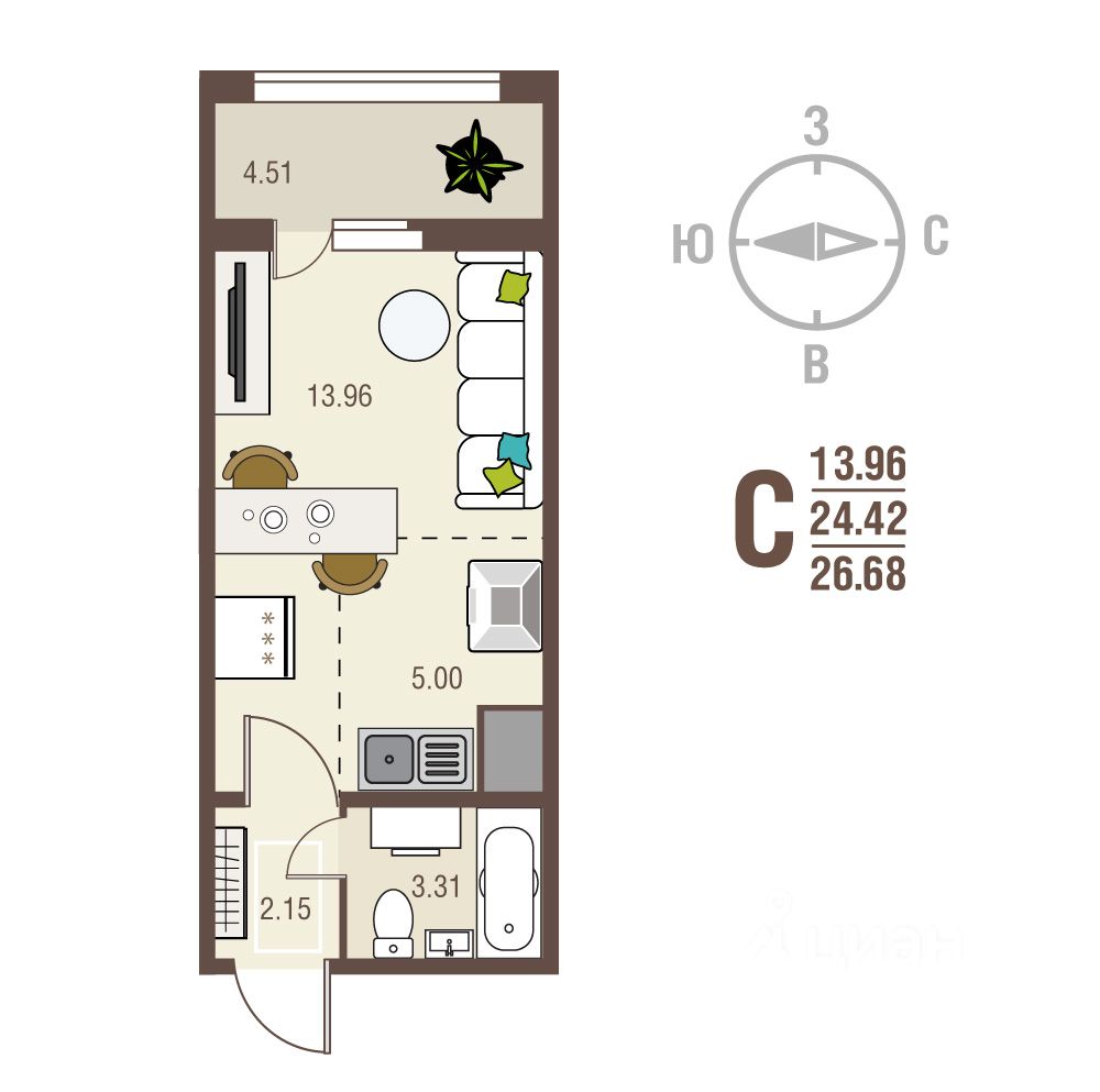 Продажа однокомнатной квартиры 26,7м² просп. Надежды Плевицкой, 4, Курск,  Курская область - база ЦИАН, объявление 299646961