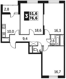 3-комн.кв., 78 м², этаж 16