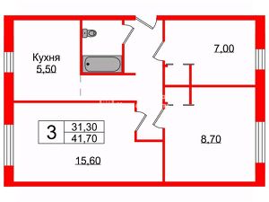 3-комн.кв., 42 м², этаж 5