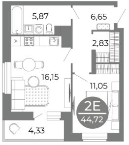 2-комн.кв., 45 м², этаж 6