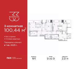 3-комн.кв., 100 м², этаж 9